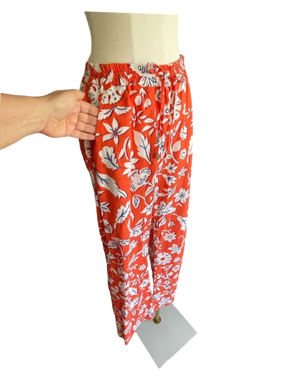 Zara Linen Blend Floral Drawstring Pants Wide Leg Orange White Size Small